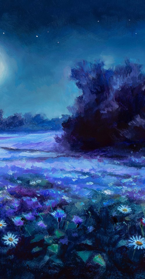Blue cornflower field at night by Lucia Verdejo