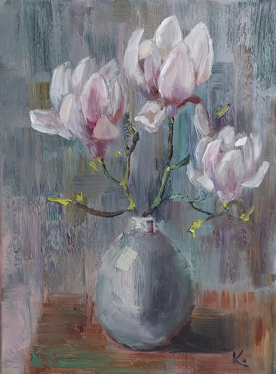 Impressionistic Botanical Oil Painting By Olena Kolotova, 12 X 16", Spring Flowers "Magnolia", Original Artwork