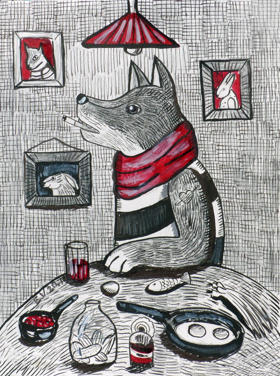 Naive Animal Ink Drawing By Elizabeth Vlasova, 9 X 12, Friday Evening#4, Original Artwork