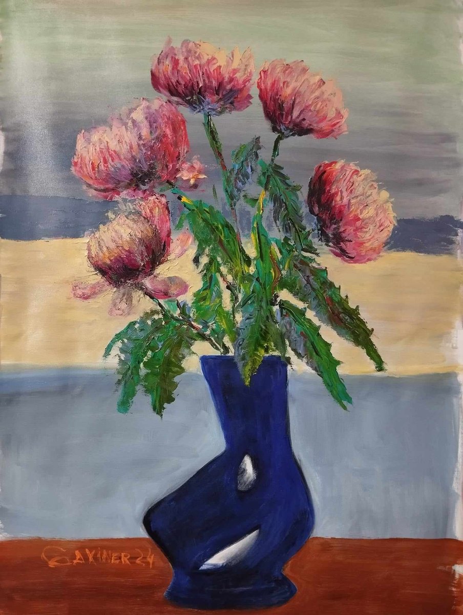 Urban And Pop Botanical Oil Painting By Leo Baxiner, 24 X 31", Intellectual Bouquet, Original Artwork