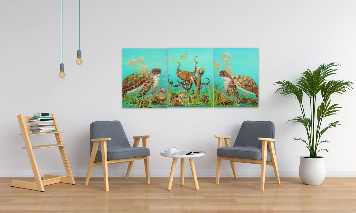 Triptych Sea Turtle, Octopus, Jellyfish Acrylic Painting on Canvas  (61 x 137cm). Sea Life... by Sveta Osborne