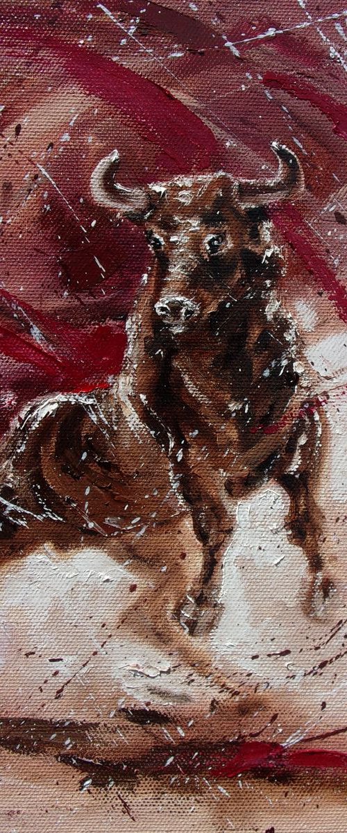 " TORO ROSSO ... " -  BULL original oil painting on canvas, gift,  PALETTE KNIFE by Monika Luniak