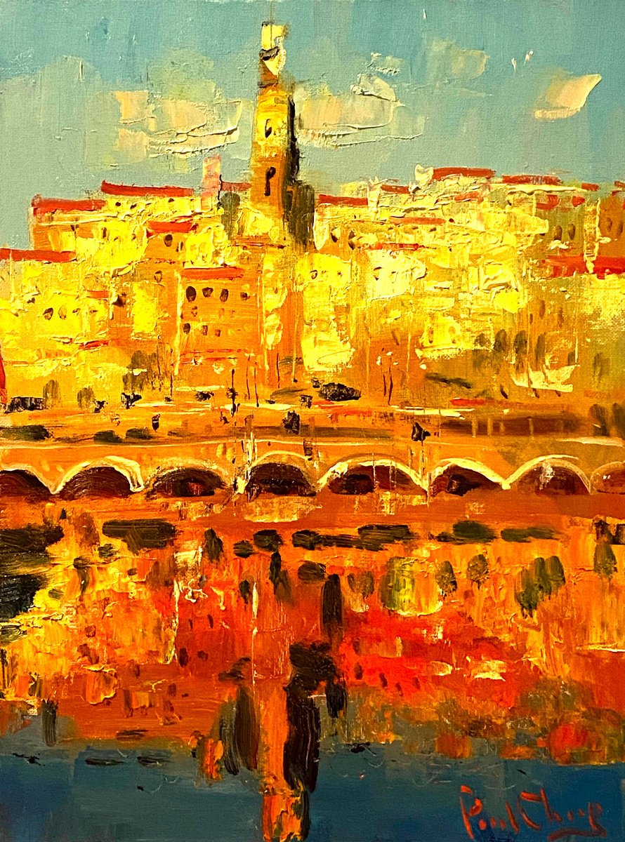 Impressionistic Cityscapes Oil Painting By Paul Cheng, 12 X 16", Menton Sunset Impression-Gave, Original Artwork