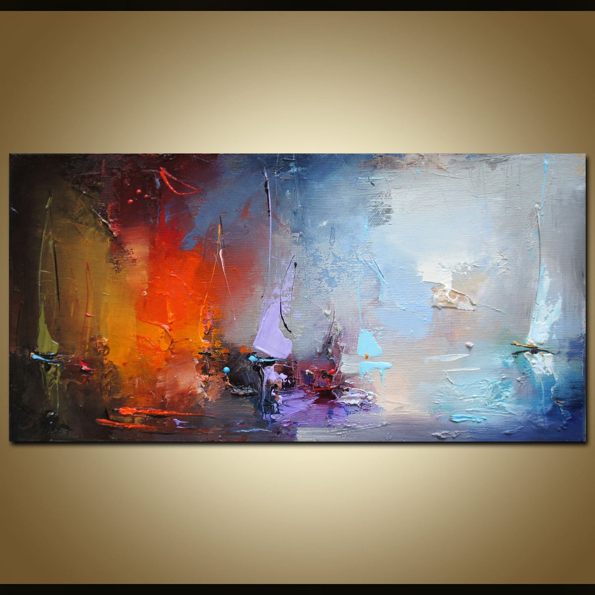 Abstract Landscape Oil Painting By Stanislav Lazarov, 16 X 8", Colorful Reflections, Original Artwork