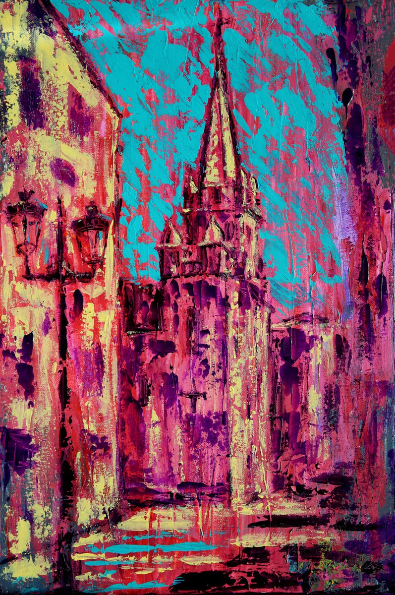Impressionistic Cityscapes Acrylic Painting By Denys Kuvaiev, 16 X 24, Abstract Art Painting Of The San Juan De Sahagun Church In Salamanca Spain, Artfinder