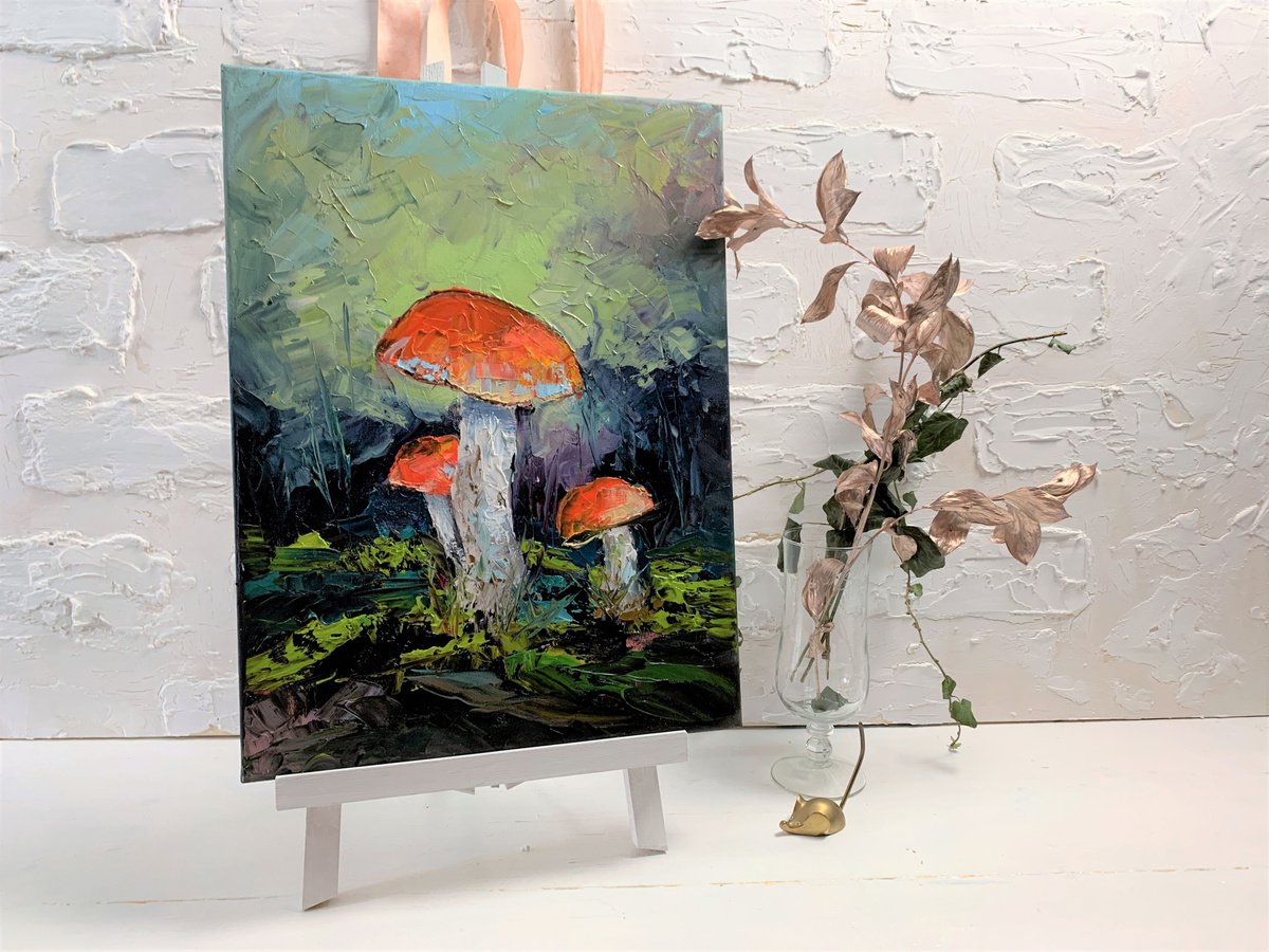 Fungi, orange-cap boletus Mushrooms. Original impasto, palette knife oil painting. by Vita Schagen