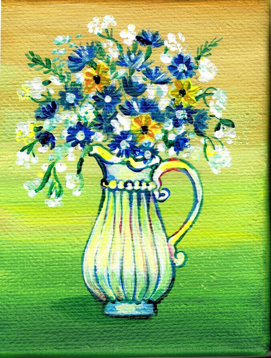 Flowers in White Vase, Original Miniature acrylic painting, Still Life N1