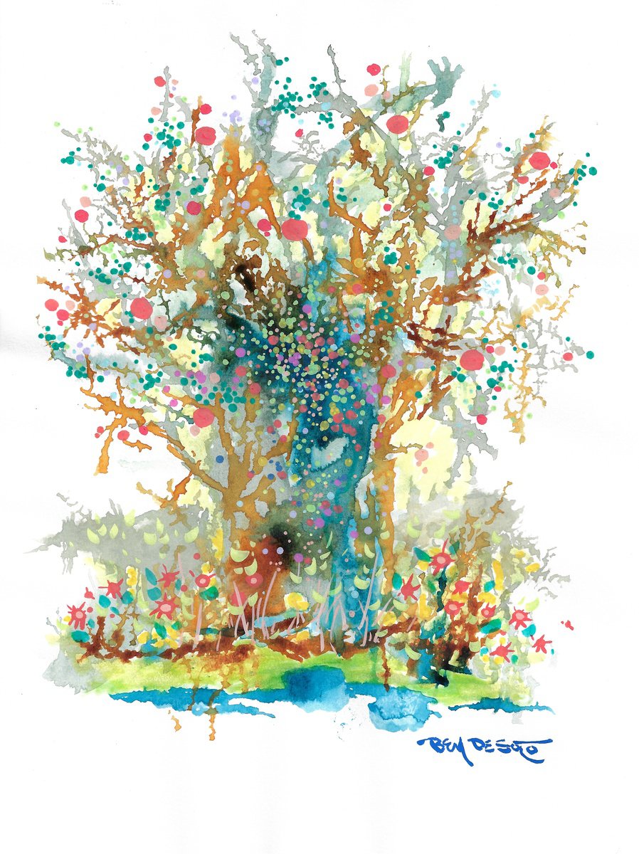 Botanical Acrylic Painting By Ben De Soto, 9 X 12, Tree Composition, Original Artwork