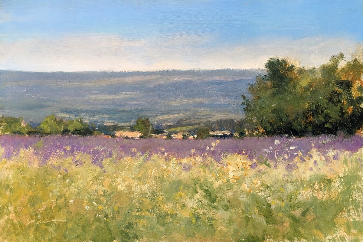 Impressionistic Landscape Oil Painting By Pascal Giroud, 12 X 8", Lavender Fields, Original Artwork