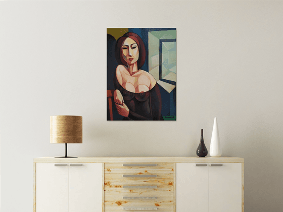 Waiting (60x80cm, cubism, oil painting, ready to hang)