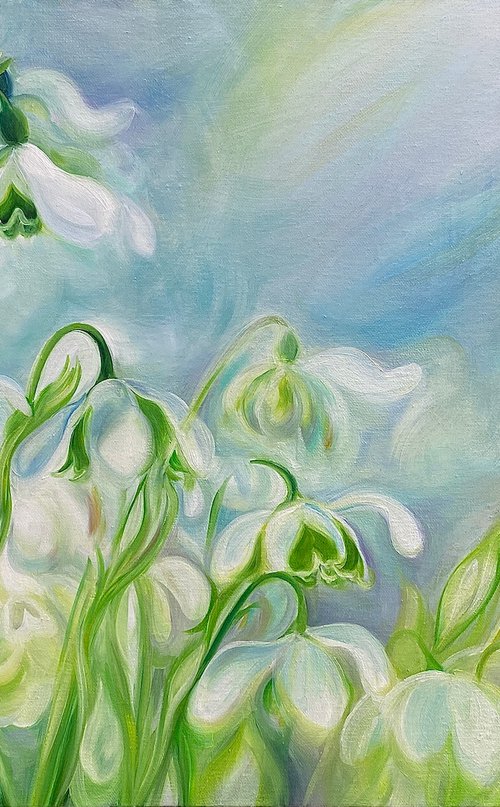 'Rebirth'- Snowdrops Flower Painting on Canvas by Anita Nowinska