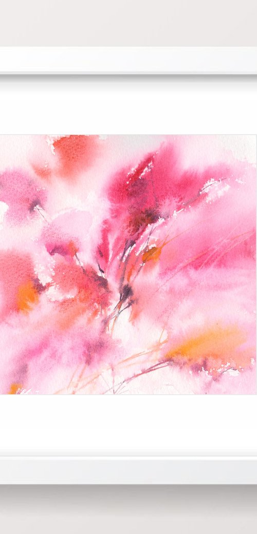 Pink abstract floral painting, small square art by Olga Grigo