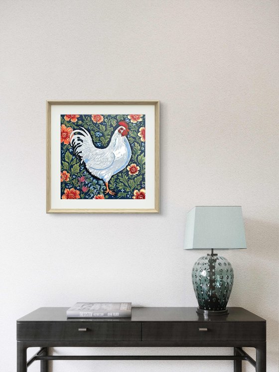 Hen – reduction linocut print