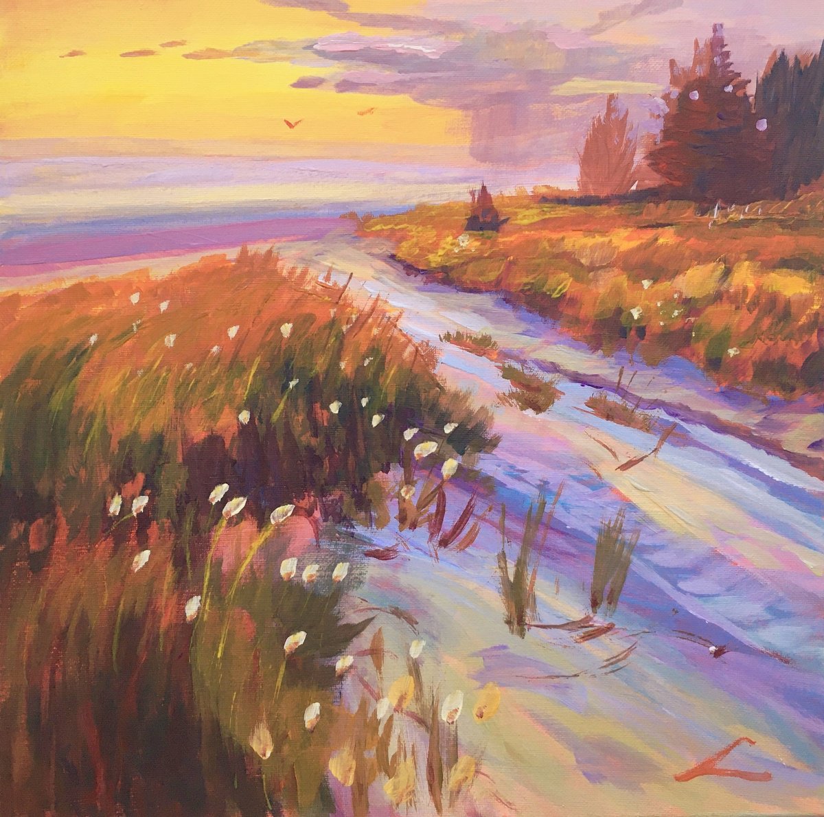 Impressionistic Landscape Acrylic Painting By Elena Sokolova, 15 X 15, Vibrant Beach Sunset, Original Artwork
