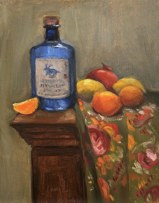 Blue Irish Gin Bottle with fruit Still Life.