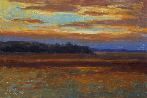 The Golden Sunset - original sunny landscape, painting by Nikolay Dmitriev