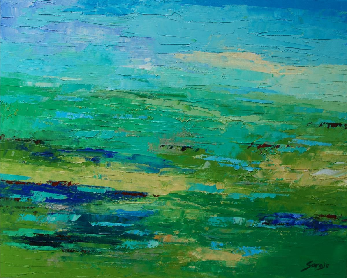 Abstract Landscape Oil Painting By Saroja Van Der Stegen, 21 X 17", Ref#1250-10P Green Landscape, Original Artwork