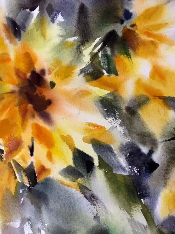Autumn sunflowers.  one of a kind, original watercolor