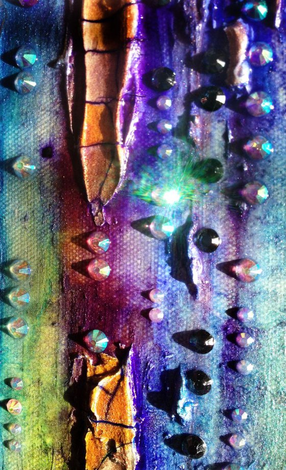 Original mixed media painting, abstract small canvas Octopus Garden #2, glass, tree branch, iridiscent , wall art, jewels, rhinestone