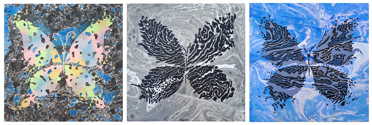 Abstract Animal Acrylic Painting By Mariia Raskin, 30 X 10", Set Of 3 «Monochrome Idyll», Original Artwork