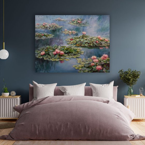 "Reflection of pink lilies"