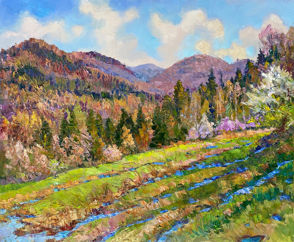 Impressionistic Landscape Oil Painting By Aleksandr Dubrovskyy, 24 X 20, Merry Streams, Original Artwork