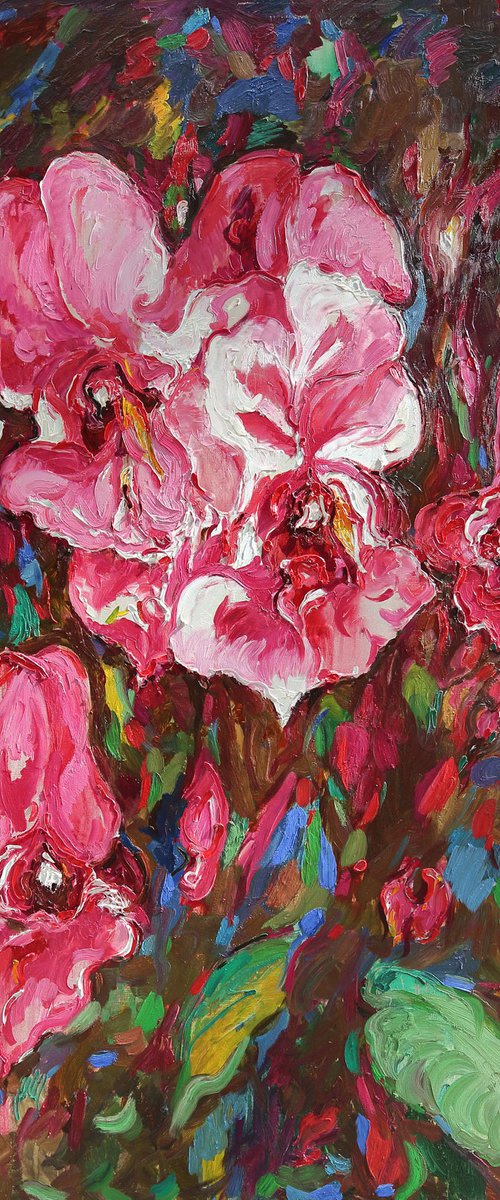 ORCHIDS -  XXL Large Floral Art - easel original oil painting for sale  - flower big panel purple pink nature office interior home decor, 200x150 by Karakhan