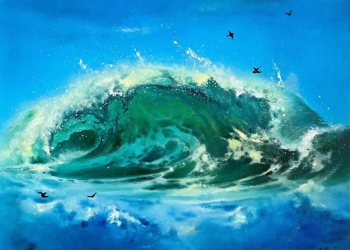 Photorealistic Oil Painting , Blue Green Wave By Myroslava Denysyuk, 13 X 9, Artwork For Sale On Artfinder