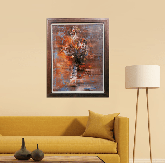 Framed ghostly melancholic autumn colors pot with flowers masterpiece painting by O KLOSKA