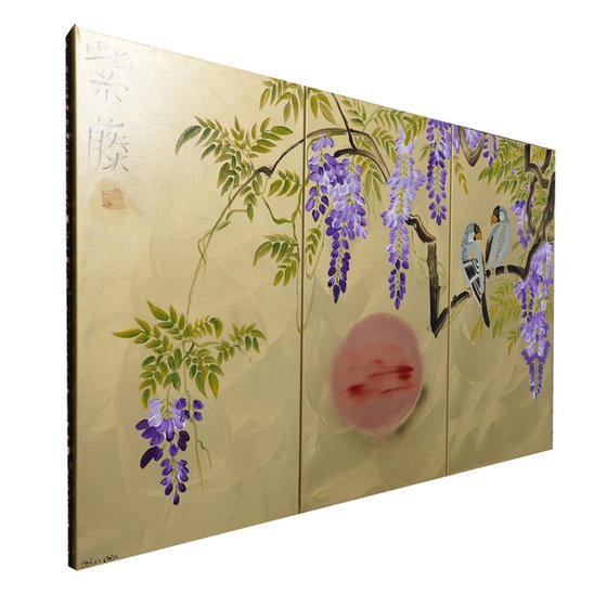 Japanese lilac wisteria and love birds J225 - large gold triptych, original art, japanese style paintings by artist Ksavera