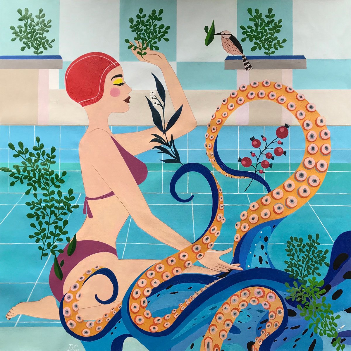 Animal Acrylic Painting By Artemisia, 33 X 33, Natatorium 2 - Woman & Octopus, Original Artwork