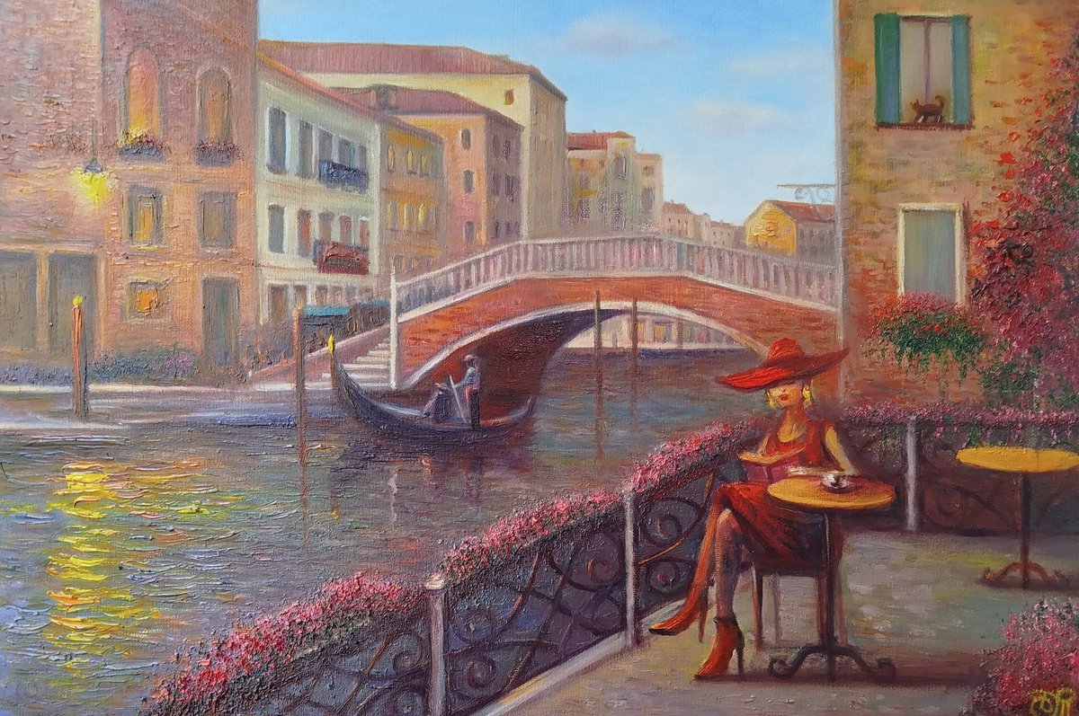 Impressionistic Cityscapes Oil Painting By Dmitrij Tikhov, 22 X 15, Holidays In Venice, Original Artwork