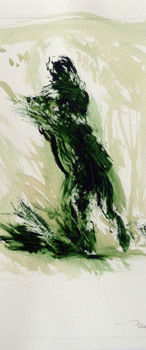 Green Mood 7, acrylic on paper 24x32 cm by Frederic Belaubre