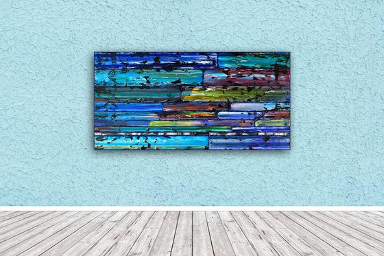 "Cooling It Down" - Original PMS Large Assemblage Sculptural Painting On Wood and Marbled Glass Backsplash Tile - 48 x 24 inches