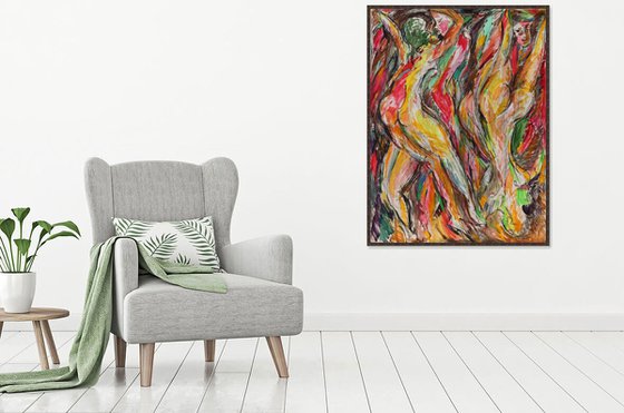 BATHERS - erotic nude art, large expressive red fire coloured, love orgy sex abstract painting
