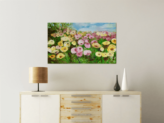 Large size WHITE PINK YELLOW PURPLE  ROSES in a Greenwich rose garden palette  knife modern still life  flowers office home decor gift