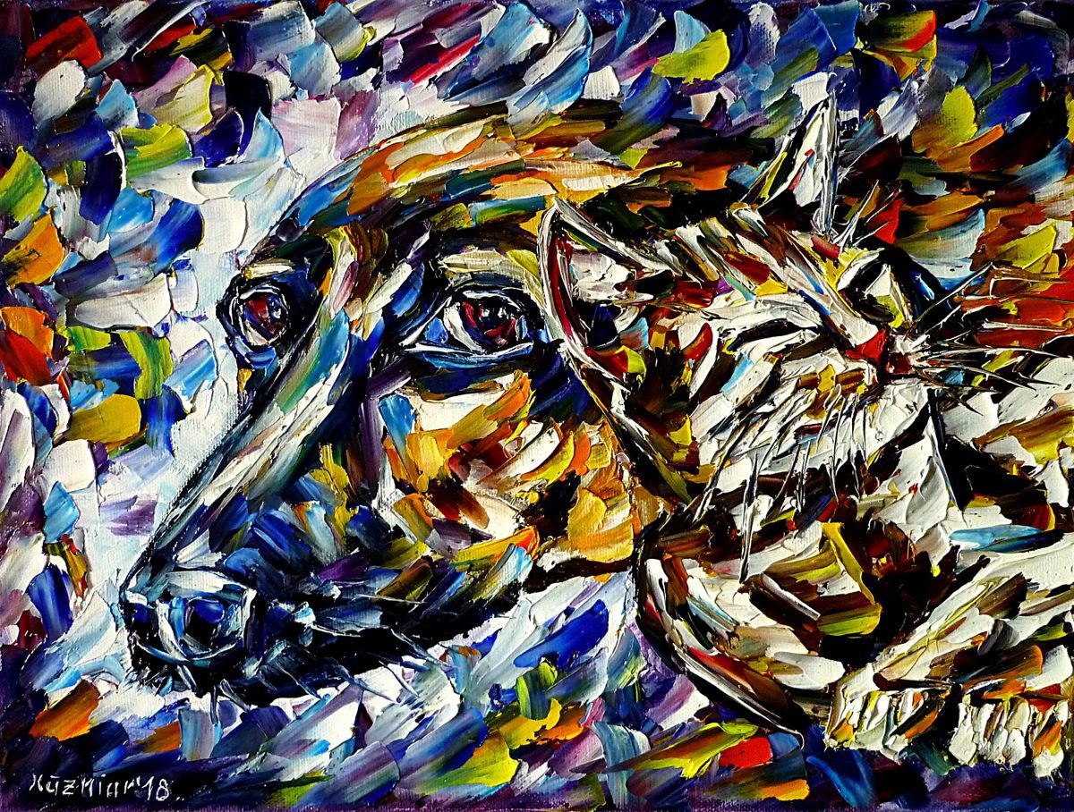 Expressive Animal Oil Painting By Mirek Kuzniar, 16 X 12", Best Friends Ii, Original Artwork