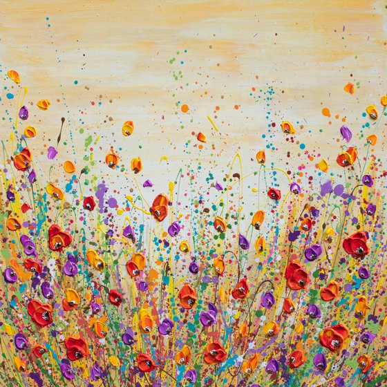 Sunset meadow - impasto poppy field painting