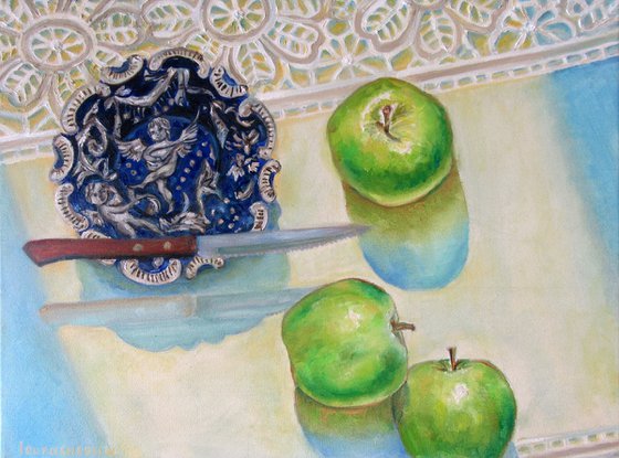 Still life with a plate, apples and a knife Romantic Impressionism (2020) 12x16 in. (30x40 cm)