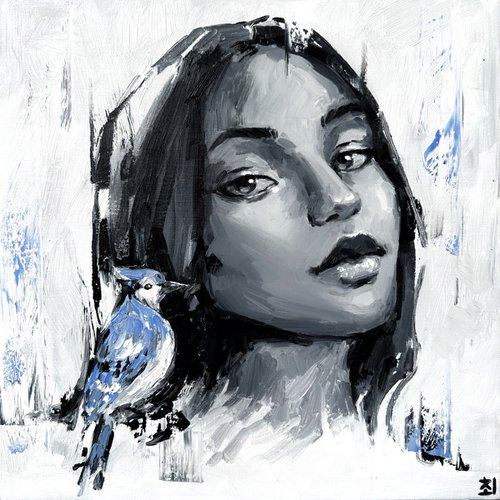 Portrait of a girl with a blue jay by Marina Ogai