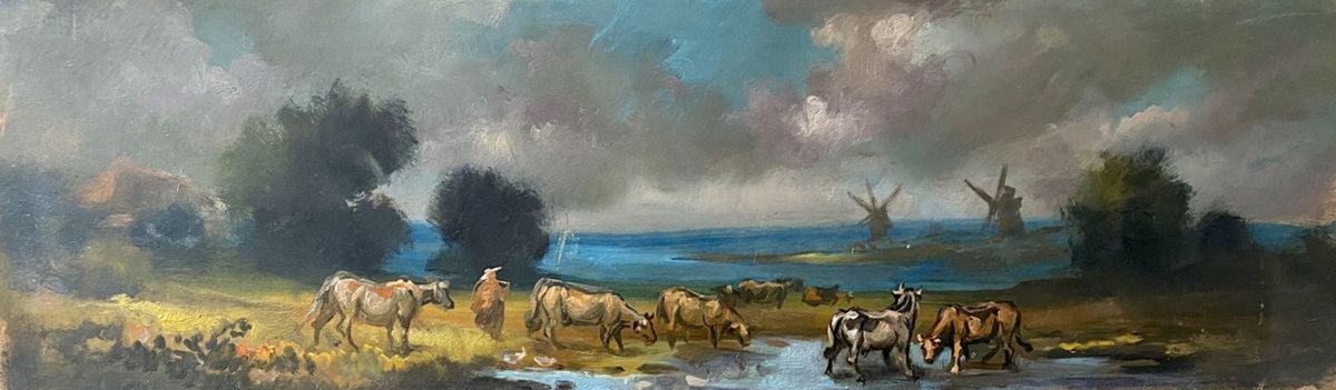 Impressionistic Landscape Oil Painting By Oleg And Alexander Litvinov, 23 X 7", Herd, Original Artwork