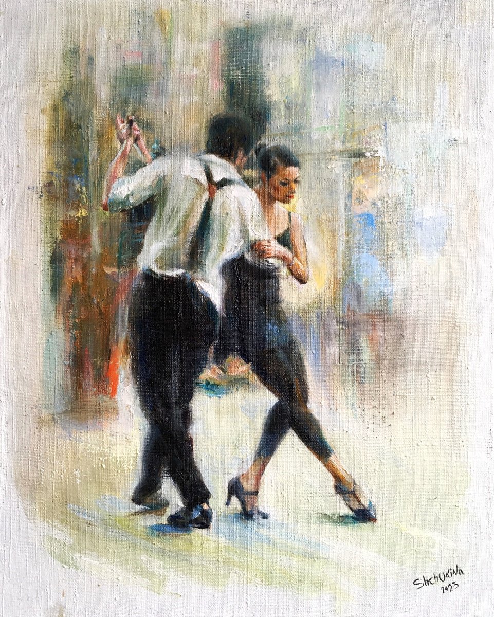 Urban And Pop Portrait Oil Painting By Helen Shukina, 16 X 20, Dance. Walking In The Old Town, Original Artwork