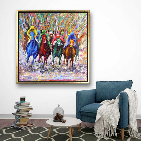 Expressive Horse Race, Acrylic Painting Evoking Energy and Courage