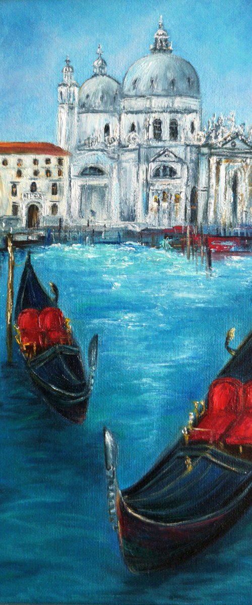 My Venice, painting with venice, landscape italy, painting with gondolas, painting with venice, walking on gondolas, romantic venice, oil painting venice, oil painting, original gift, home decor, Bedroom, Living Room, Venice, Gondolas, Red, Blue, Palace, Canal, Italy, Travel, Romance by Natalie Demina