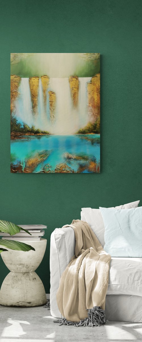 A large abstract beautiful structured mixed media painting of a waterfall "Secret place" by Vera Hoi