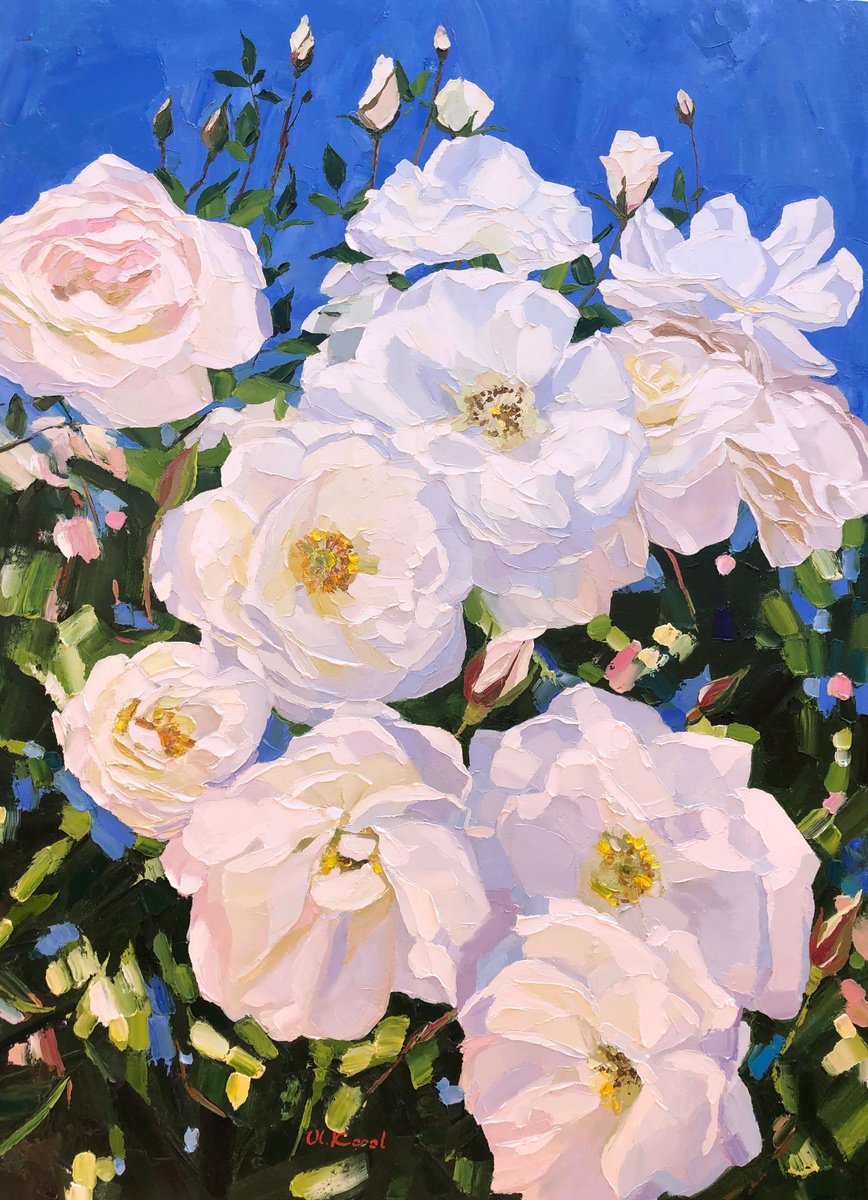 Photorealistic Botanical Oil Painting By Ulyana Korol, 24 X 32", White Roses, Original Artwork