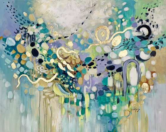 Summer Dream - Original Abstract Teal Blue Gray Gold Large Painting, Living Room Art, Minimalist Art, Wall Art Decor