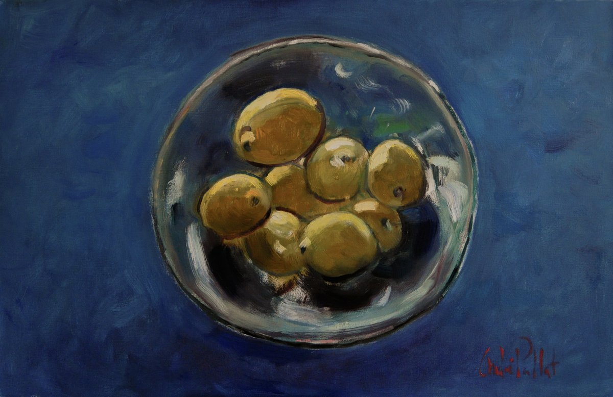 Impressionistic Still Life Oil Painting By Andre Pallat, 30 X 20, Lemons In A Bowl, Original Artwork