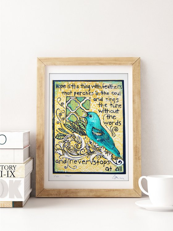 Hope - is the thing with feathers  (hand coloured linocut print)