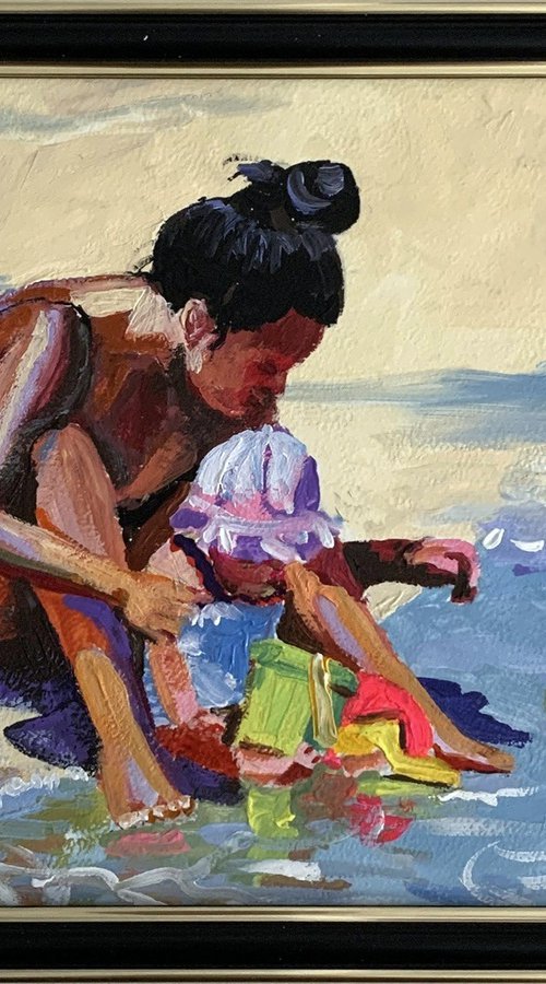 Mom with a kid on the beach. by Vita Schagen